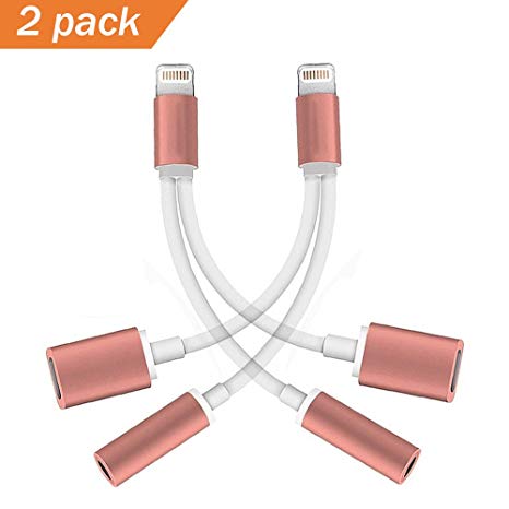 2 in 1 Lightning iPhone 7 Adapter, 2 Pack Lightning Adapter and Charger, Lightning to 3.5mm Aux Headphone Jack Audio Adapter for iphone 7/7 plus(Rose gold)