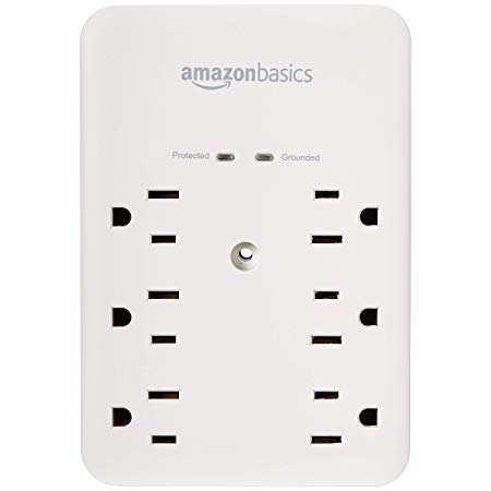 AmazonBasics 6 Outlet, Wall-Mount Surge Protector, 1080 Joules