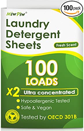 Miw Piw Laundry Detergent Sheets - 100 loads Liquidless Laundry for Sensitive Skin- Travel Clean Strips - Zero Waste Eco friendly Biodegradable Plastic Free Washer (100 Loads)