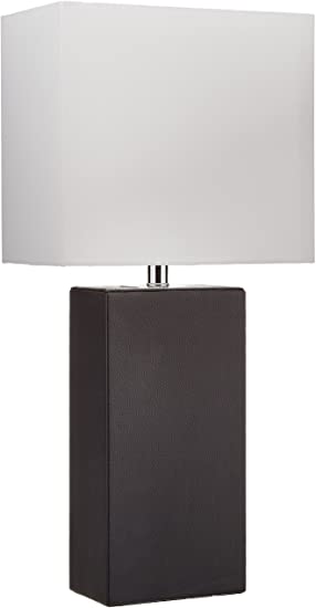 Elegant Designs LT1025-BLK Modern Leather White Fabric Shade Table Lamp, Black