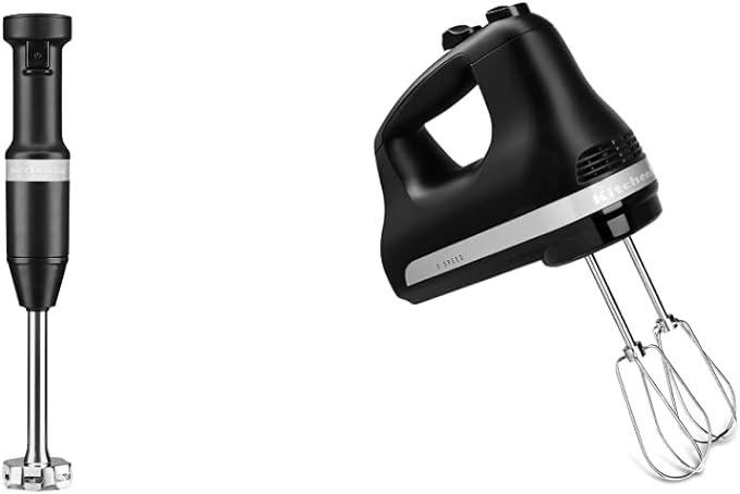 KitchenAid KHBV53BM Variable Speed Corded Hand Blender, Black Matte, 8 in & KHM512BM 5 Speed Hand Mixer, Black Matte, 1 inch count of 3