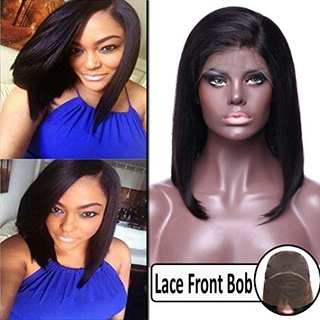 12 Inch Brazilian Human Hair Lace Front Wigs Short Bob with Baby Hair Straight Side Part Lace Front Wig for Women 130% Density #1B Natural Black