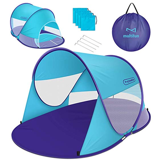 Multifun UPF 50  Easy Pop Up Beach Tent, Large 3-4 Person Sun Shelter, Windproof Waterproof Family Beach Shade, Portable Shark Beach Tent, Instant Sunshade Cabana Canopy with Carry Bag, Sandbag,Stakes