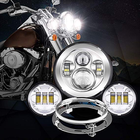 7" Chrome Motorcycle Led Headlight Fog Passing Lights DOT Kit Set for Touring Road King Ultra Classic Electra Street Glide Tri Cvo Heritage Softail Deluxe Fatboy Chrome