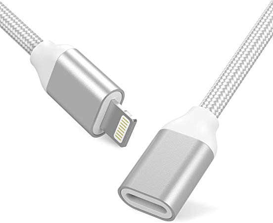 EMATETEK Braided Extension Connector Cable Female to Male Pass Video Audio Music Photo Data and Charge. 1PCS 3.3Feet Male to Female Extender Cord Made of Sliver Aluminum & White Braided.