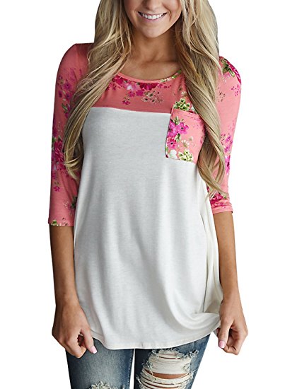 Annflat Women's Floral Print Crew Neck 3 4 Sleeve T-Shirt Casual Pocket Blouse Tops