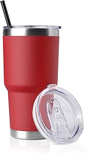 DOMICARE 30 oz Tumbler with Lid and Straw, Stainless Steel Tumblers Bulk, Insulated Vacuum Double Wall Travel Coffee Mug, Durable Powder Coated Tumbler Cup (Red, 1)