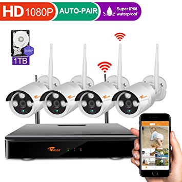 CORSEE 4 Channel 1080P Full HD Wireless Camera System with 4PCS 2.0 Megapixel Wireless Surveillance Bullet Camera, Clearly Night Vision,Motion Detection Alert,1TB Hard Drive