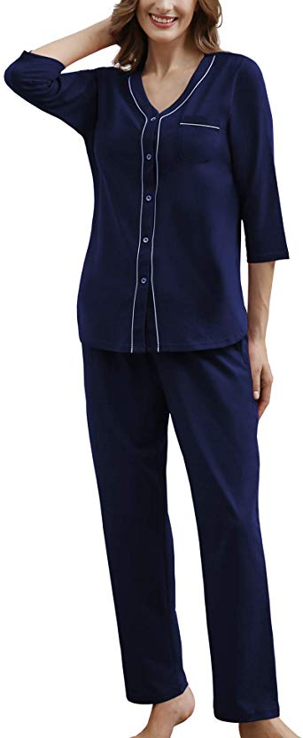 COLORFULLEAF Women 100% Cotton Knit Pajamas Set Button Down PJ Top & Lounge Pants with Pockets