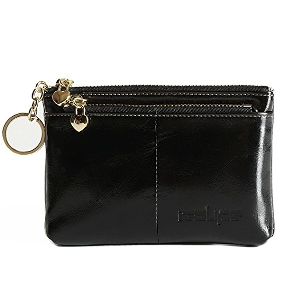 Itslife Triple Zipper Leather Mini Coin Purse Card Holder with Key Chain
