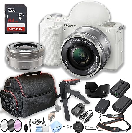 Sony ZV-E10 (White) Mirrorless Camera with 16-50mm Lens   64GB Memory   Case  Steady Grip Pod   Filters   2X Batteries   More (30pc Bundle)