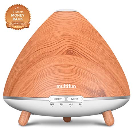 Essential Oil Diffuser Humidifier, multifun 500ml Ultrasonic Humidifier Large, Ultra Quiet Aromatherapy Cool Mist Humidifier with Night Light, 4 Timer Auto Shut-Off Humidier Office Home, Last 18hrs