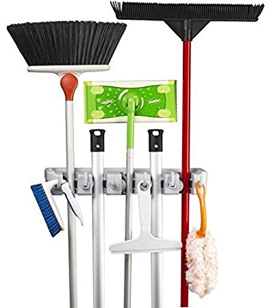 Mop Holder | Broom Holder - Mifanstech Mop and Broom Holder, 5 Positions with 6 Hooks, Wall Mounted Mop, Broom, and Sports Equipment, Key Rack Towel Hooks Storage Organizer