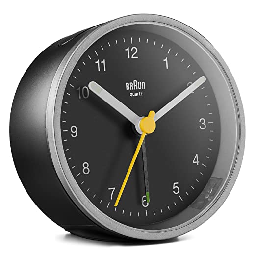 Braun Classic Analogue Clock with Snooze and Light, Quiet Quartz Movement, Crescendo Beep Alarm in Black and Silver, Model BC12SB