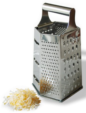 Cheese Grater - 6-sided Stainless Steel Box Grater Kitchen Tool. Fine - Course Surfaces. Hard Cheese, Parmesan, Vegetable, Chocolate, Spices, Fruit, Garlic, and Many Other Foods.