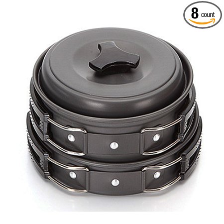 Folding Camping Pots Pans 1-2 people Cooking Sets of 8 Pieces Outdoor Hiking Essential Cookware Equipment Mess Kit