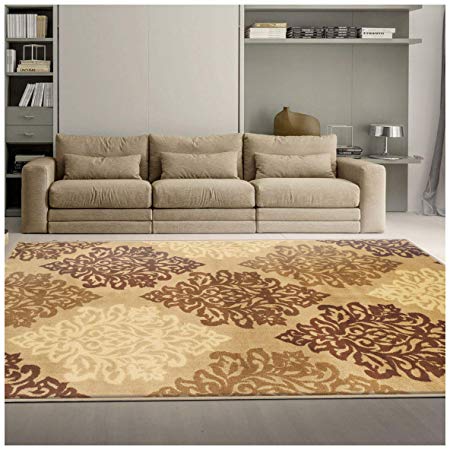 Superior Danvers Collection Area Rug, Modern Elegant Damask Pattern, 10mm Pile with Jute Backing, Affordable Contemporary Rugs - Beige, 4' x 6' Rug