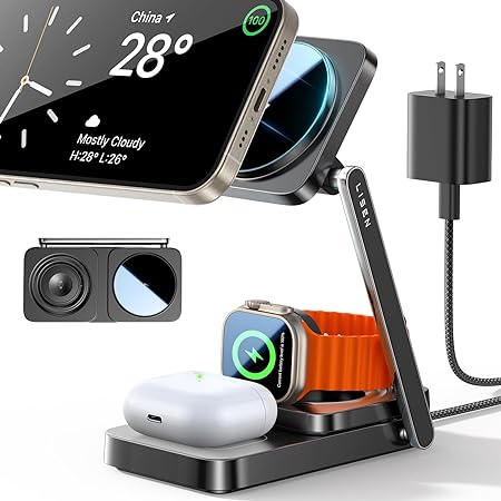 LISEN 3 in 1 Ladestation, Mehrere Geräte Magsafe Ladestation, Reisen Wireless Charger Stand Bequem iPhone Ladestation Fit Apple Watch Airpods