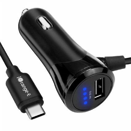 Type C Car Charger, iOrange-E 24 W Dual USB Car Charger with 3.3ft Build-in Type C Cable for Nexus 6P, 5X, OnePlus 2, Lumia 950, Nextbit Robin, LG G5 and iPhone, Samsung Galaxy, HTC and More, Black