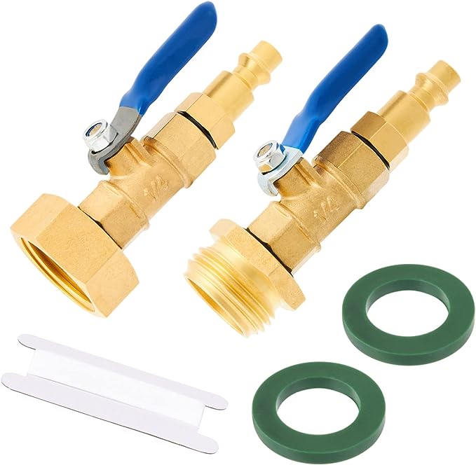 Brass RV Winterize Blowout Adapter,1/4 Inch Male Quick Connecting Plug and 3/4 Inch Female and Male GHT Thread,With Shut Off Valve for Camper,Boat,Motorhome,Water hose,Winterize Sprinkler Systems