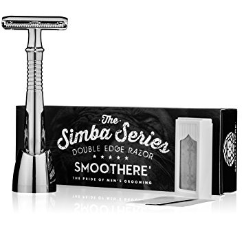 Smoothere Simba Series Long-Handle Double Edge Safety Razor with Stand For Men. Expertly Weighted For The Best Possible Shave  5 Premium Blades.