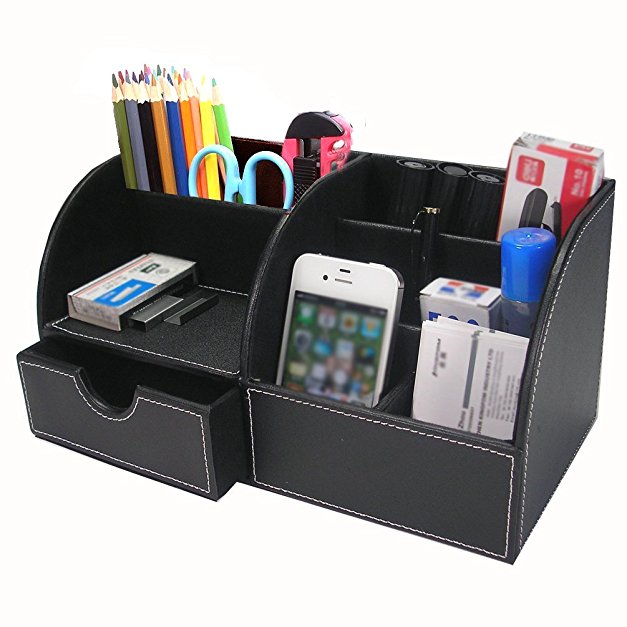 BTSKY Office Multi-functional Pu Leather Desk Organiser Tidy Business Card Pen Mobile Phone Remote Control Holder Storage Box (Black)