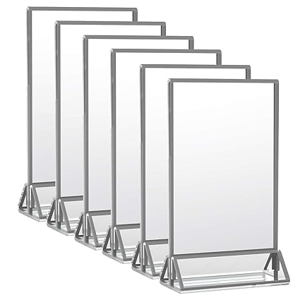 HIIMIEI Clear Acrylic Double Sided Frames 5x7 Wedding Table Numbers Holders Desk Menu Holders with Vertical Stand and 3mm Silver Border(6 Pack)