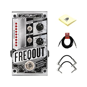 Digitech FreqOut Natural Feedback Creation Guitar Effects Pedal with 2 Path Cables for Guitars, Instrument Cable and Zorro Sounds instrument cleaning cloth