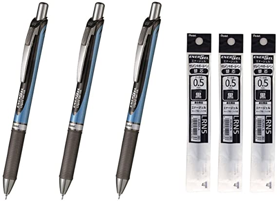 Pentel Energel Deluxe RTX Retractable Liquid Gel Pen - 0.5mm - Fine Line/ Needle Tip / Black Ink - Blue Body Type - 3Pens BLN75-A & 3Pens Refills LRN5 Value Set