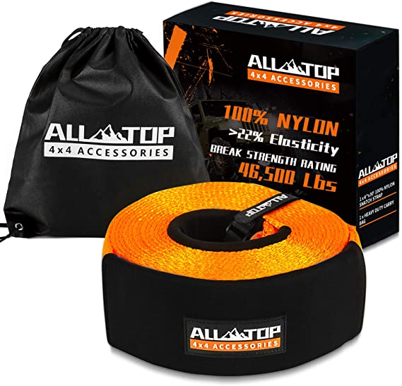 ALL-TOP Extreme Duty Nylon Recovery Strap 4" x 30' - Super Duty Towing Snatch Strap (46,500 lbs) 100% Nylon and 22% Elongation +Triple Reinforced Loop Adjustable Protector Sleeve