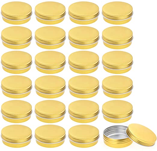 Foraineam 24 Pack 2 oz Round Aluminum Lip Balm Tin Cans with Screw Top Lids - Golden Cosmetic Sample Containers - Metal Empty Tins Travel Storage Tin Jars for Salve, Spice or Crafts