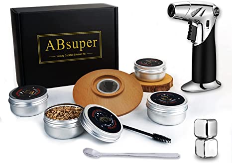 Cocktail Smoker Kit with Torch, Old Fashioned Bourbon Whiskey Smoker Kit with 4 Flavour Wood Chips Gifts for Men, Drink Smoking Infuser Kit with Whiskey Stones for Cocktails Lover (No Butane)