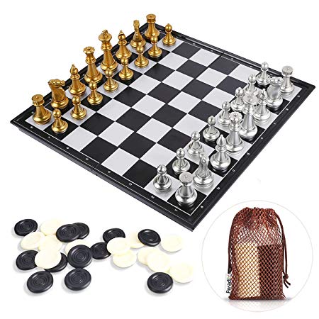 Peradix Chess Set Magnetic Chess Checker Board Game Toy Golden & Silver 14.02 Inches Set 2-in-1 Much Bigger Than Others Travel Size (3 Storage Bags Included)