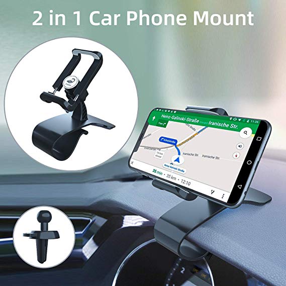 Car Phone Holder, Cutier 2 in 1 Dashboard Car Cell Phone Holder and Air Vent Car Phone Mount, 360-Degree Rotation Adjustable Mobile Clip Stand Suitable for 4 to 7 inches Smartphones
