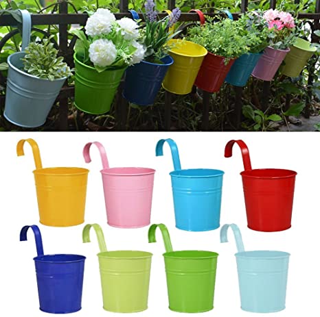 RIOGOO Flower Pots Hanging Flower Pots, Garden Pots Balcony Planters Metal Bucket Flower Holders - Detachable Hook (8 PCS)