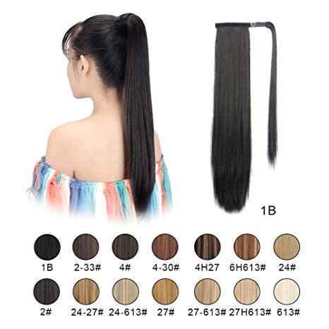 BARSDAR 26" Long Straight Ponytail Extension Wrap Around Off Black Synthetic Hair Extensions One Piece Hairpiece Pony Tail Extension for Women Lady Girl (Long Ponytail Extensions 1B#)