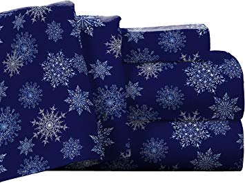 Pointehaven Flannel Deep Pocket Set with Oversized Flat Sheet, King, Snow Flakes Navy