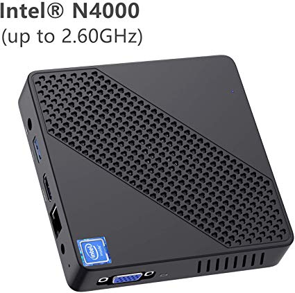 Mini PC Fanless Intel Celeron N4000 (up to 2.6GHz) 4GB DDR/64GB eMMC Mini Desktop Computer Windows 10 Pro HDMI 2.0and VGA Port 2.4/5.8G WiFi BT4.2 3xUSB3.0 Support Linux,NGFF 2242 SSD