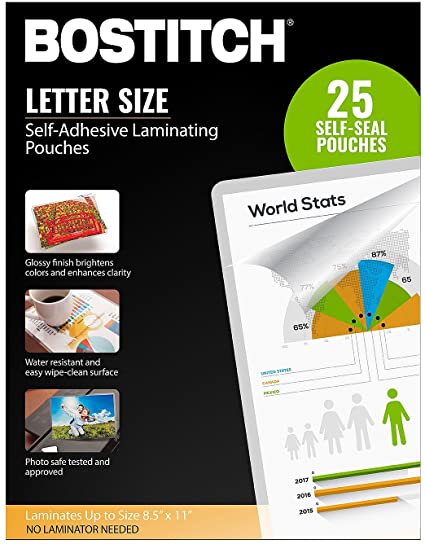 Bostitch Self-Adhesive Laminating Pouches, 8.5 in x 11 in - 25 Pack