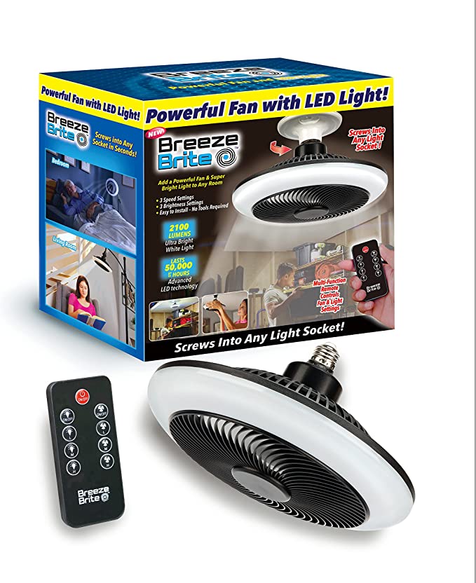 Breeze Brite Ceiling Fan with LED Light, No Tools - Screw into any light socket 3 Speed Settings, 3 Brightness Settings up to 2100 Lumens Incl. Multi Function Remote Use in Garage, Workshop, Bedroom