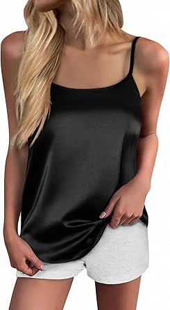 Ekouaer Womens Silk Tank Top Camisole Spaghetti Strap Satin Cami Tops Basic Crew Neck Y Back Silky Camis S-XXL