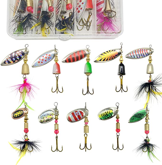 G.S YOZOH 10Pcs Spinnerbait Fishing Lure for Bass Trout Hard Metal Spinner Baits Freshwater Saltwater Bass Fishing Lures Kit with Tackle Box