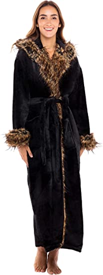 Alexander Del Rossa Women's Warm Fleece Robe with Hood, Long Faux Fur Plush Bathrobe