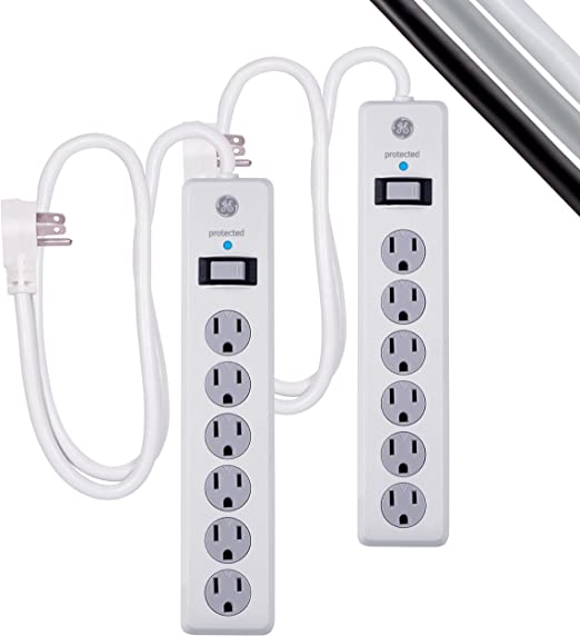 GE 6-Outlet Surge Protector, 2 Pack, 4 Ft Extension Cord, Power Strip, 800 Joules, Flat Plug, Twist-to-Close Safety Covers, Protected Indicator Light, UL Listed, White, 54634