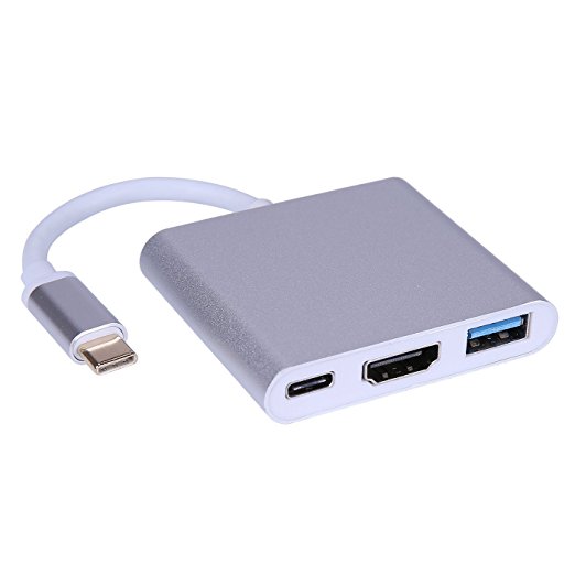 HDE USB C to HDMI 3-in-1 Multiport Adapter Aluminum Hub with USB 3.1 Type C 4K HDMI and USB 3.0 Port Portable Recharging and Video Converter for MacBook Chromebook Pixel and More