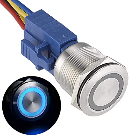 APIELE [3 year warranty] 22mm Latching Push button Switch 12V Angel Eye Ring Light LED Waterproof Stainless Steel Round Metal Self-locking 7/8'' 1NO 1NC (Blue)