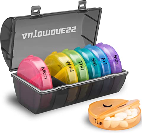 Pill Organizer 7 Day 2 Times a Day, Weekly AM PM Pill Box, Weekly Pill Container Case with Moisture-Proof Design, Round Medicine Organizer for Vitamin/Fish Oils/Supplement