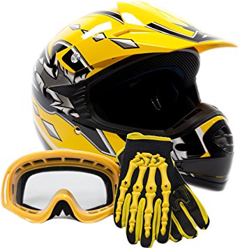 Youth Kids Offroad Gear Combo Helmet Gloves Goggles DOT Motocross ATV Dirt Bike MX Motorcycle Yellow, X-Large