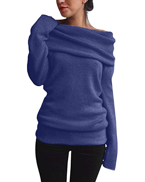 Styledome Women Off Shoulder Cowl Neck Long Sleeve Sweater Knitted Pullover Jumper Tops