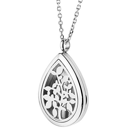 Jovivi Stainless Steel Teardrop Locket Necklace Aromatherapy Essential Oil Diffuser Necklace